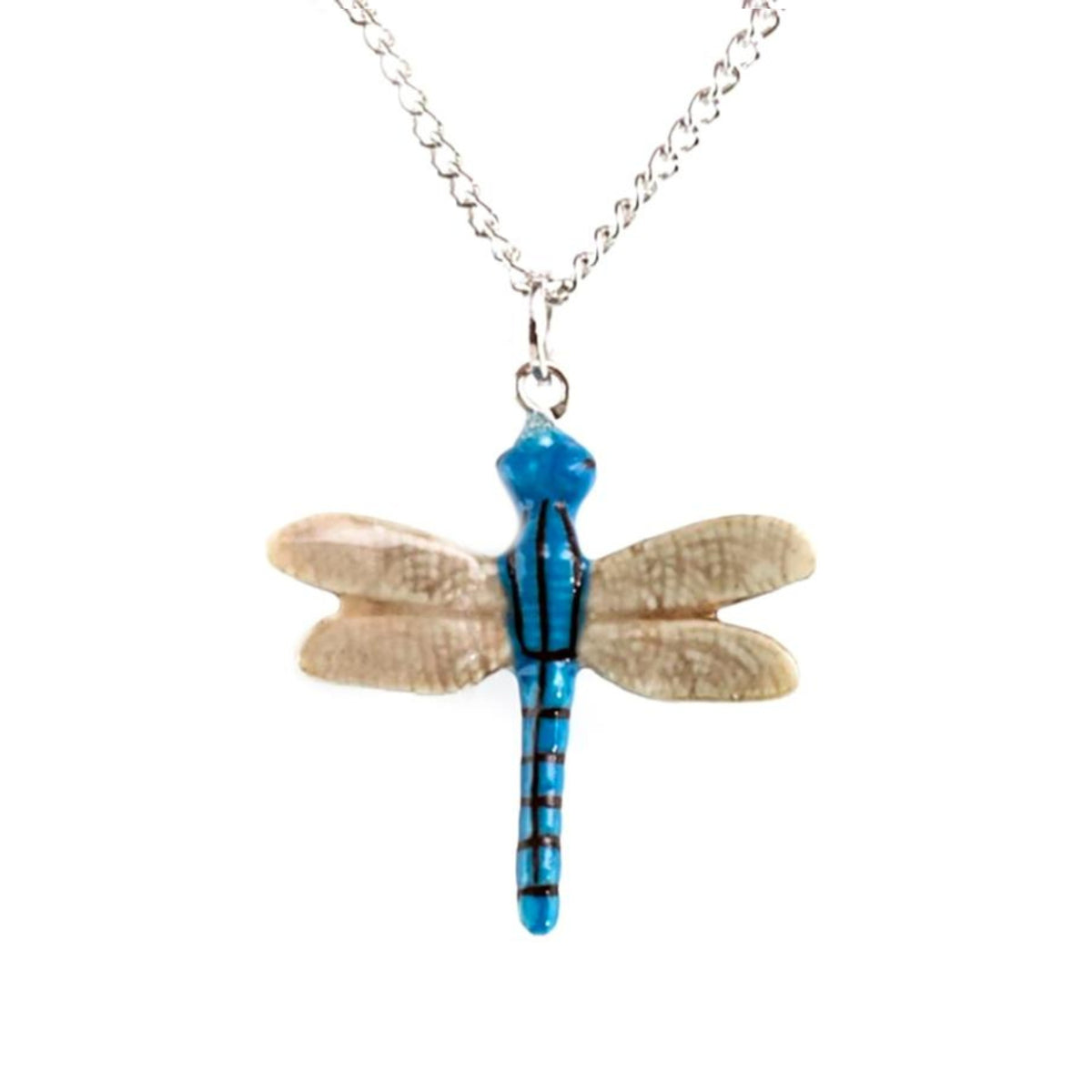 Blue Stripe Dragonfly Pendant - Porcelain Animal Jewelry — Little