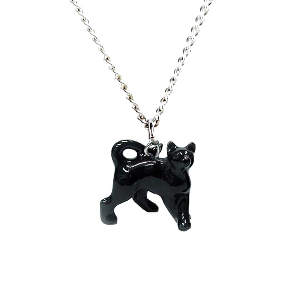 Cat Necklace - Black Cat with Silver Plated Chain Pendant Porcelain Jewelry
