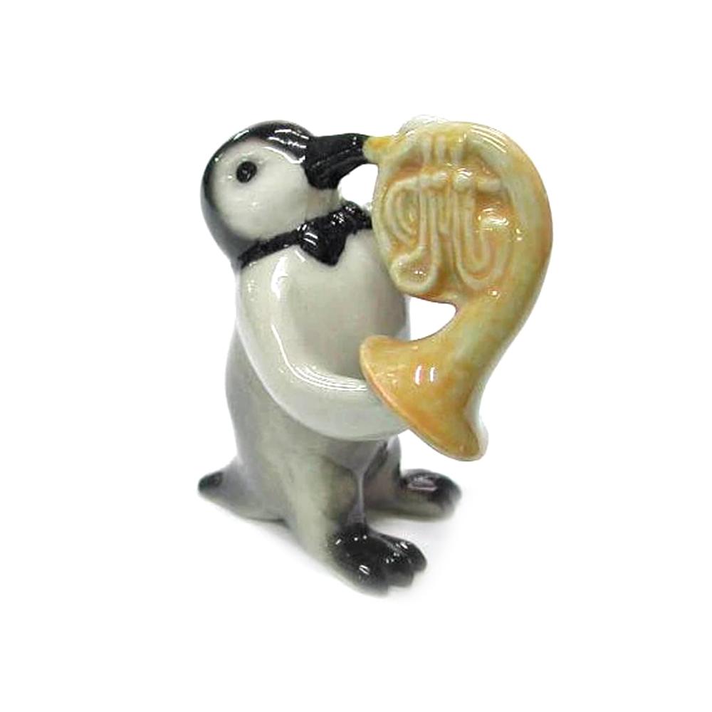 Penguin -Musician Penguin with French Horn - miniature porcelain figurine
