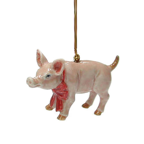 Pig with Red Bow Christmas Ornament - Porcelain Animal FIgurines - Northern Rose, Little Critterz