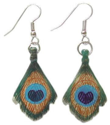 Peacock Feather Earrings - Porcelain Animal FIgurines - Little Critterz Jewelry, Little Critterz